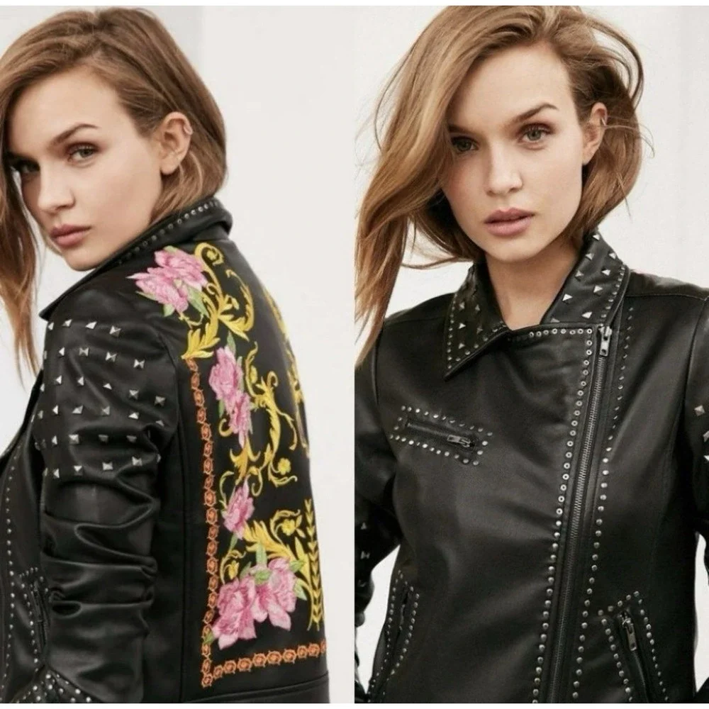 Silence + Noise Irina Studded Embroidered Faux Leather Jacket Black SZ XS - Picture 6 of 13